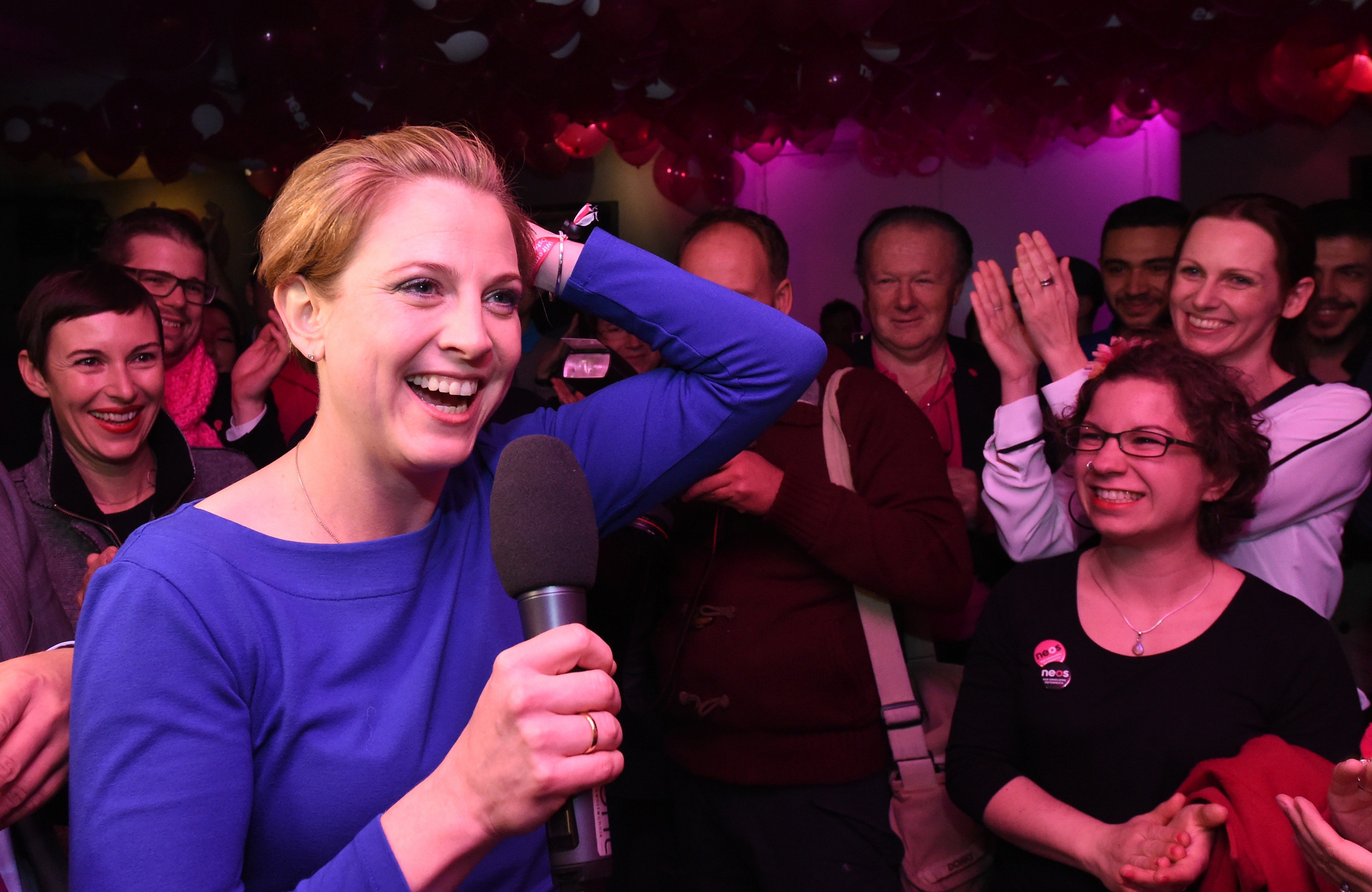 Beate Meinl-Reisinger (NEOS) am Sonntag, 11. Oktober 2015, während der Wahlfeier im Rahmen der Gemeinderats- und Landtagswahl in Wien.