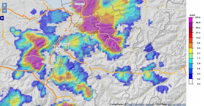 Die Niederschlagskarte für 15:50 Uhr.