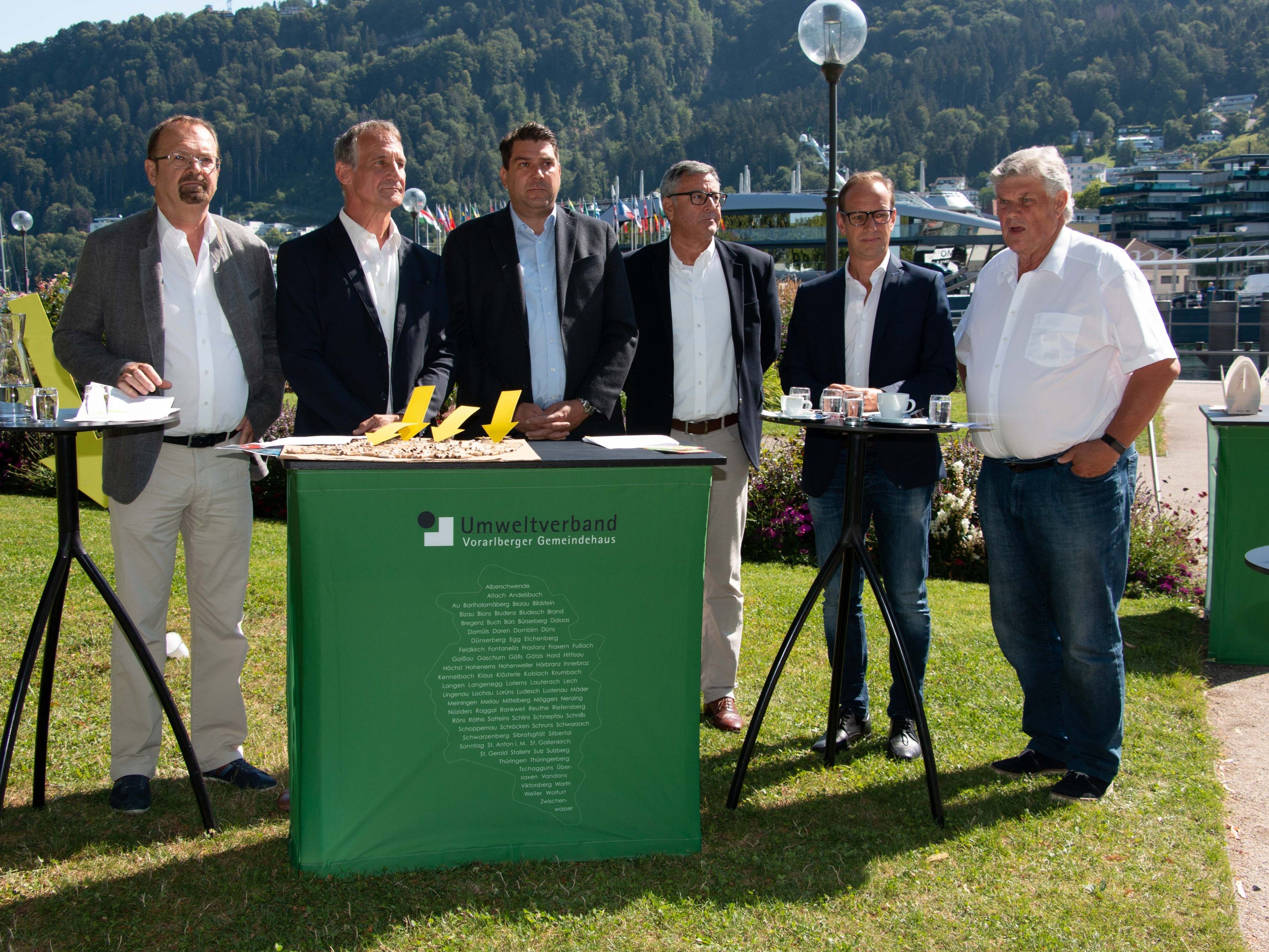 Bgm. Rainer Siegele (Mäder, Obmann Umweltverband), Bgm. Markus Linhart (Bregenz), Bgm. Harald Köhlmeier (Hard, Präsident Vorarlberger Gemeindeverband), Vize-Bgm. Wolfgang Matt (Feldkirch), Bgm. Dieter Egger (Hohenems), Bgm. Mandy Katzenmayer (Bludenz)