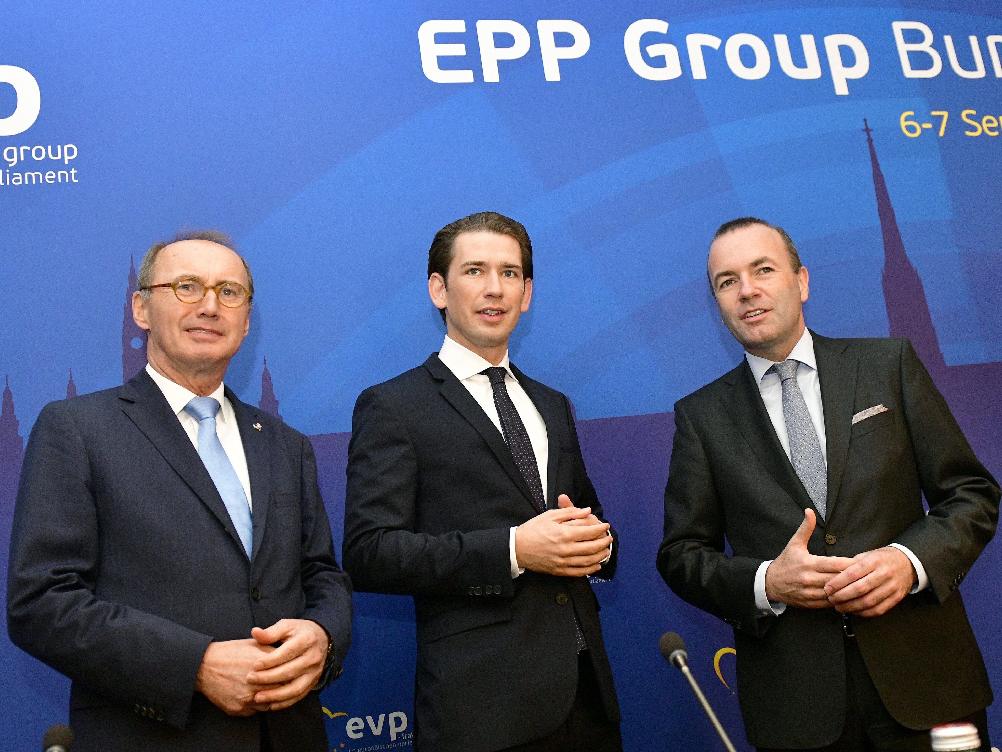 Othmar Karas Abgeordneter zur EU, Sebastian Kurz Österreichs Bundeskanzler (ÖVP), Manfred Weber Vorsitzender EVP