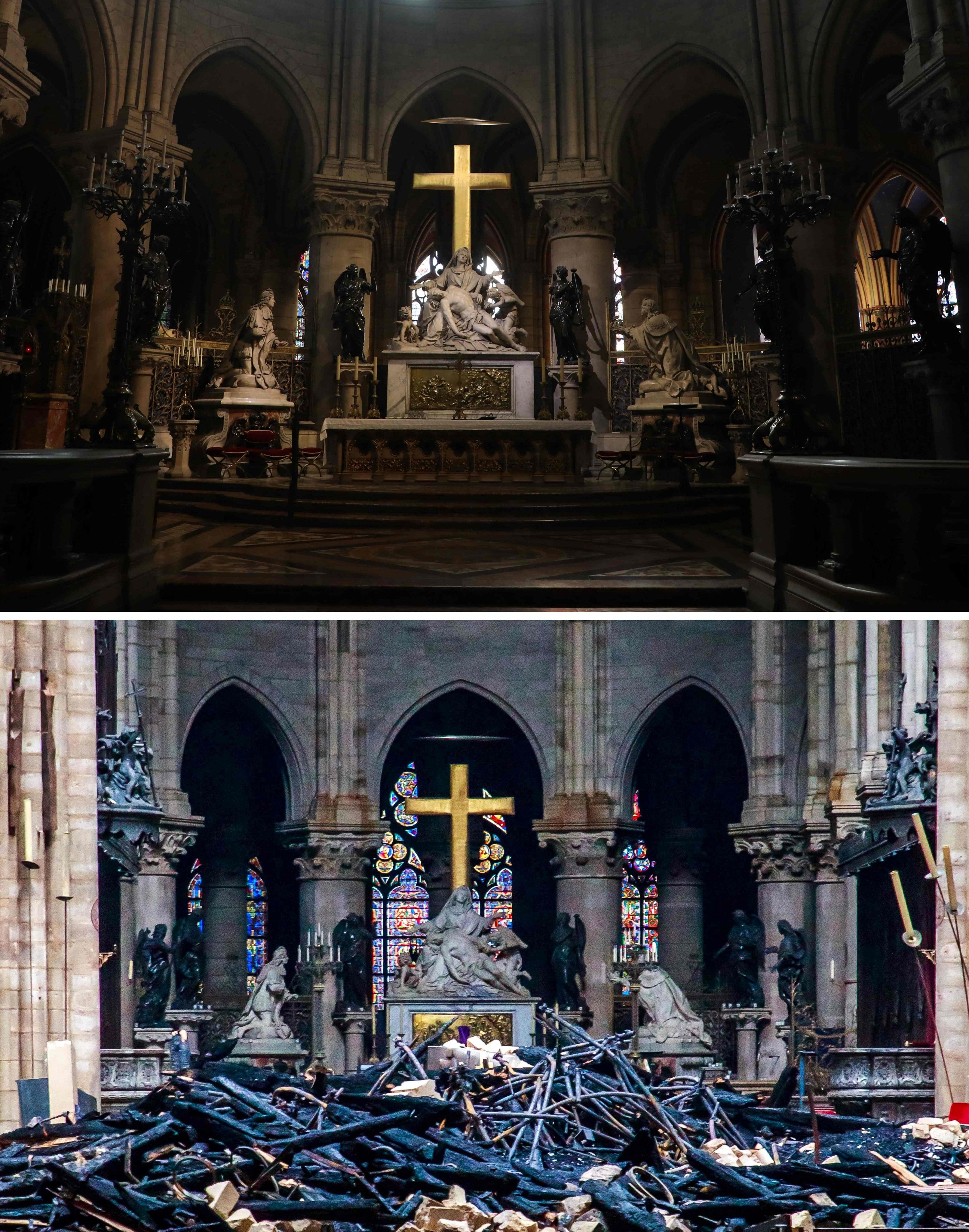 Bilder aus dem Inneren der Kathedrale vor und nach dem Brand.