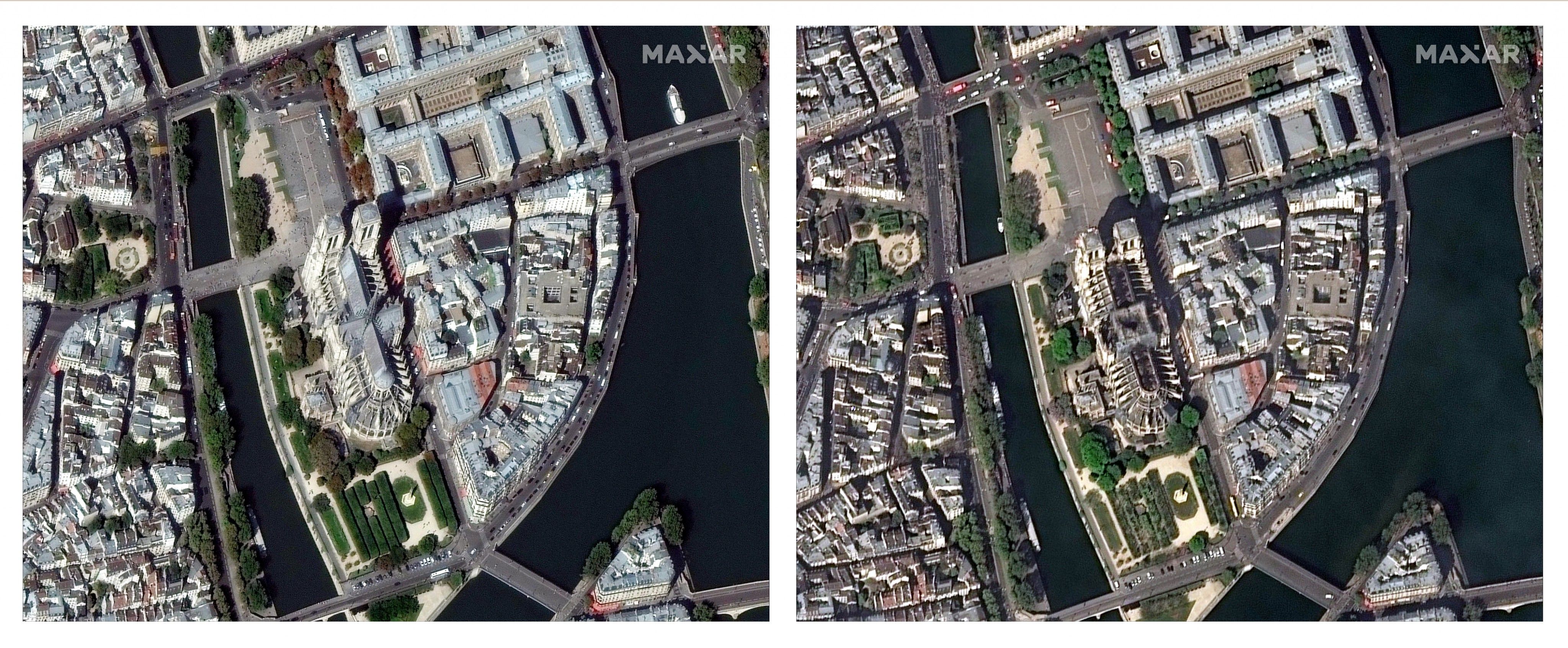 Satellitenbilder vor und nach dem Brand.