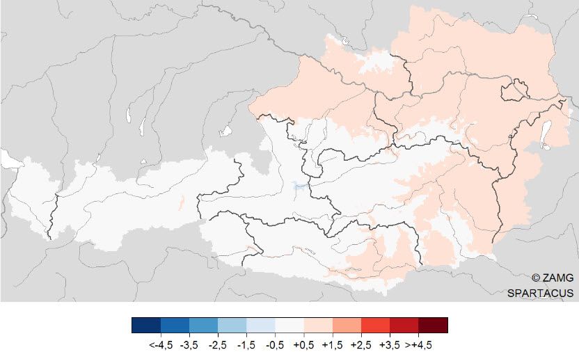Abweichung der Temperatur vom Mittel 1981-2010. Auswertung mit SPARTACUS-Daten bis inkl. 28.5.2019
