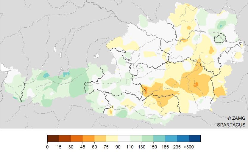 Vergleich des Niederschlags mit dem Mittel 1981-2010. 100Prozent entsprechen dem Mittelwert