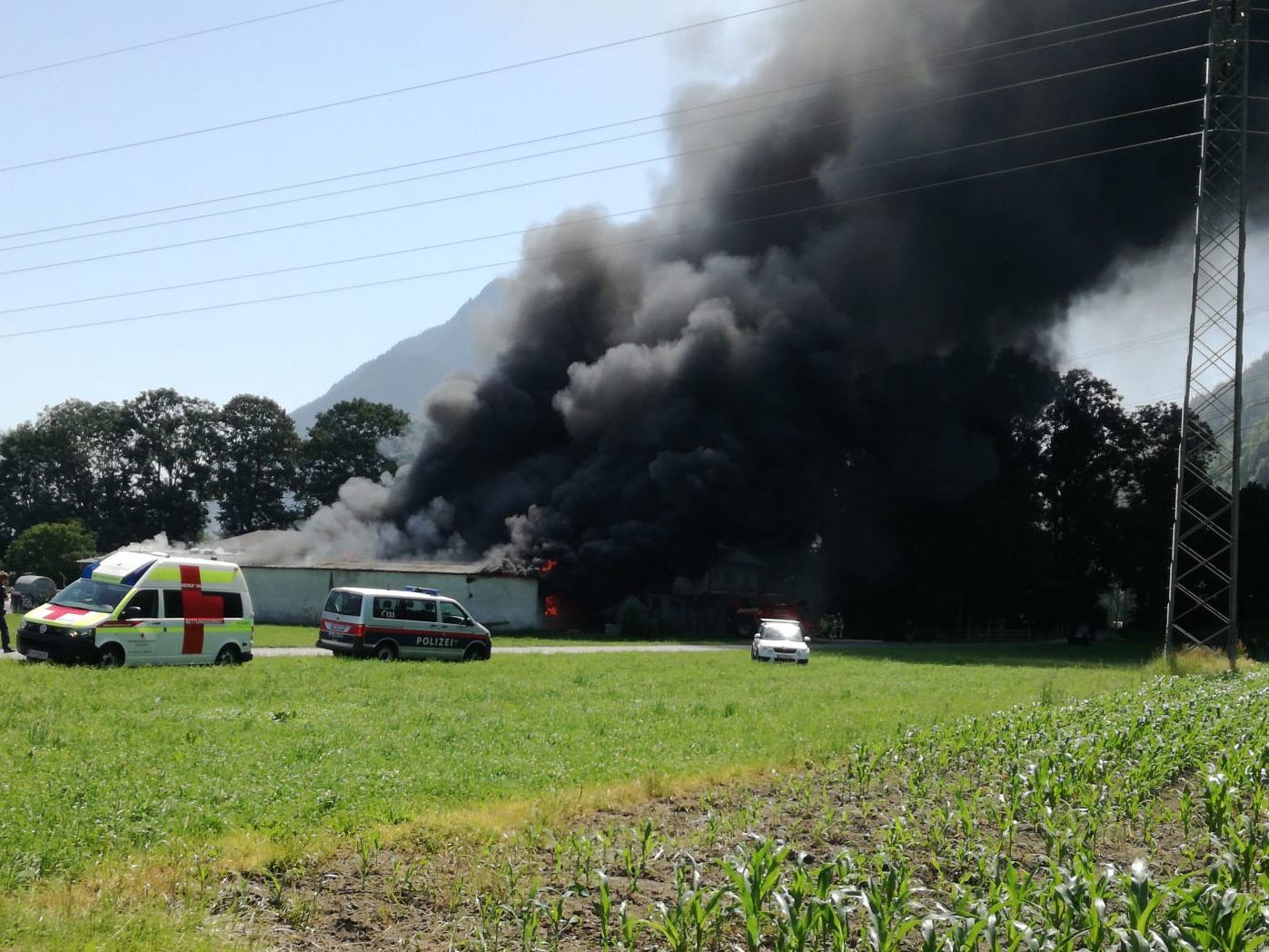 Erste Bilder vom Brand eines Stallgebäudes in Bürs.