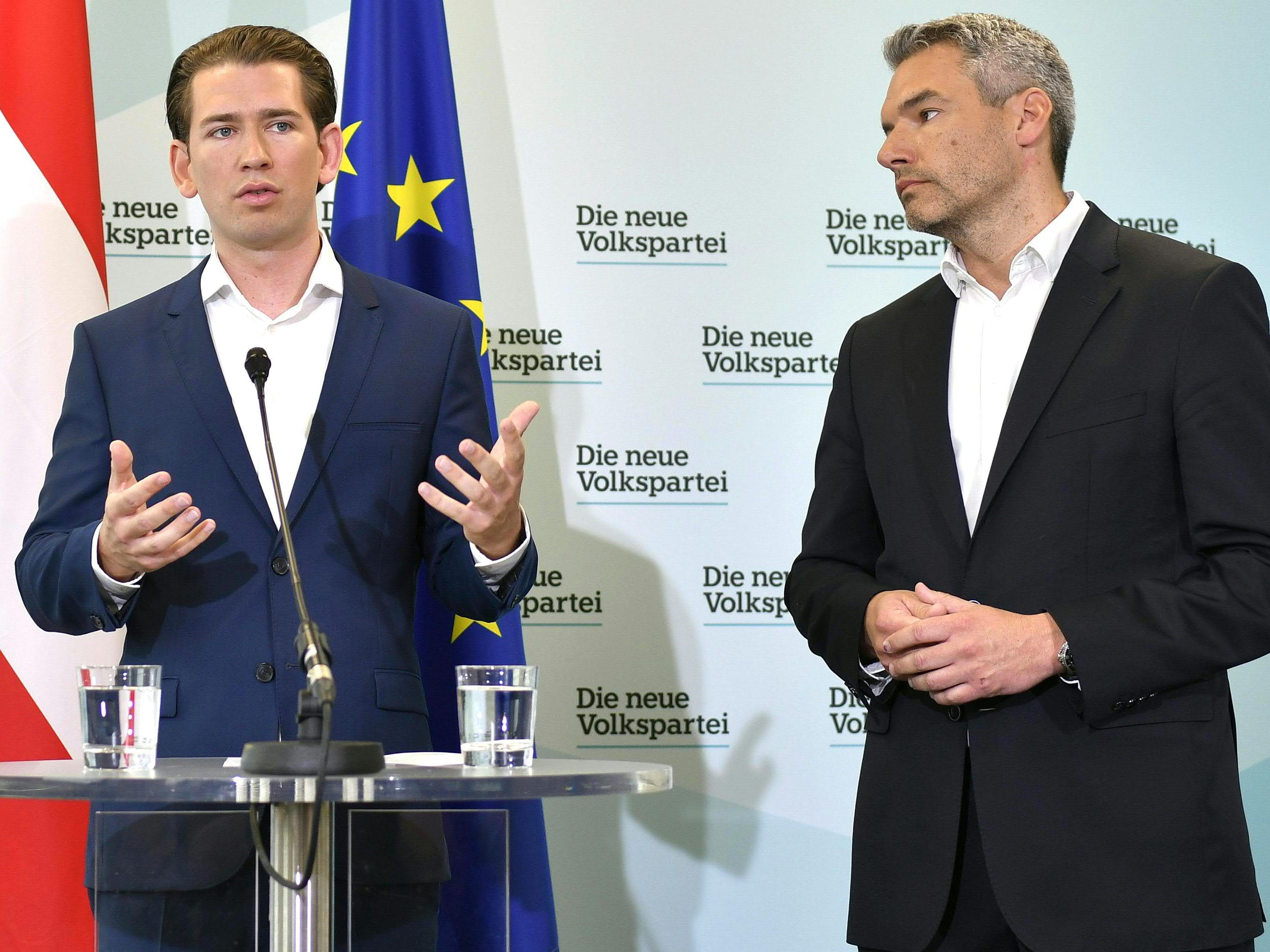 Sebastian Kurz (ÖVP) und Generalsekretär Karl Nehammer (ÖVP) am Montag, 17. Juni 2019, anlässlich der PK "Fälschungsskandal" in Wien.