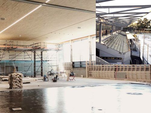 Die Herrenriedhalle groß im Bild, die Kunsteisbahn rechts oben klein