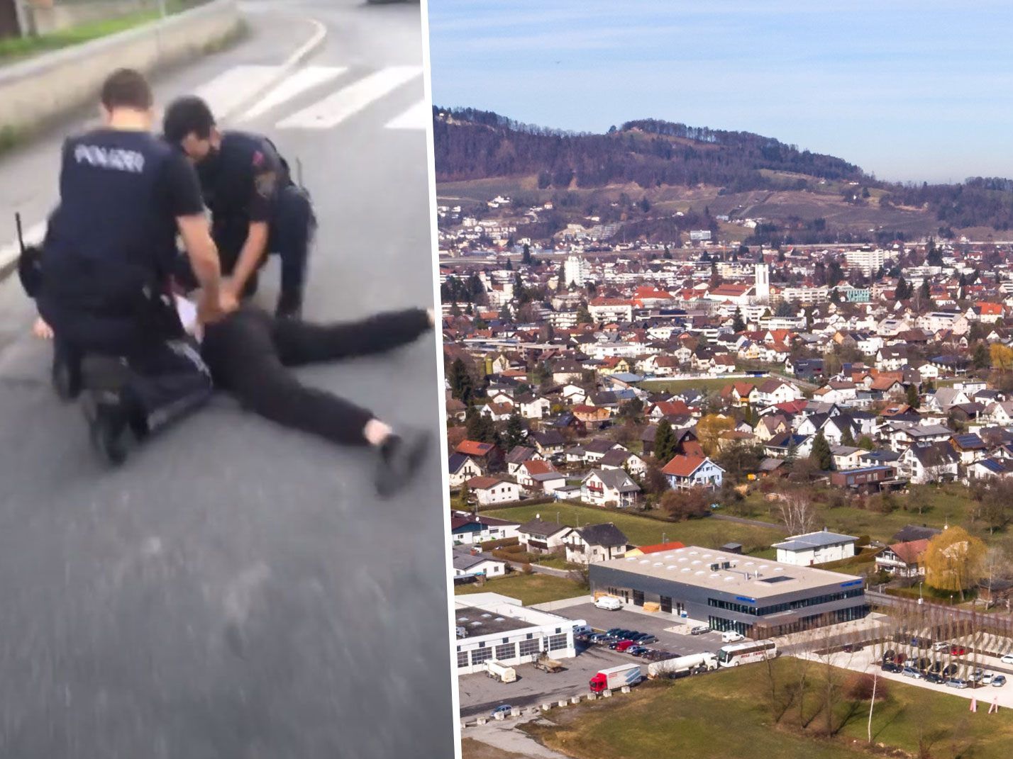 Der screenshot vom Video aus Lustenau zeigt wie zwei Beamte einen jungen Mann am Boden fixieren.