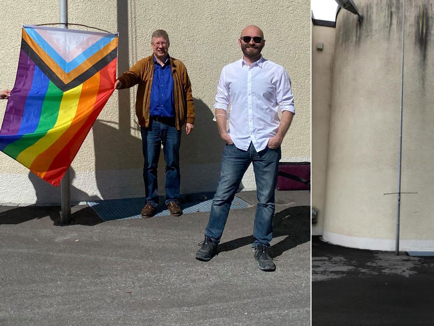 Links Am Freitag das hissen der Regenbogenfahne in Bürs, rechts der Stand der Dinge am Samstag.