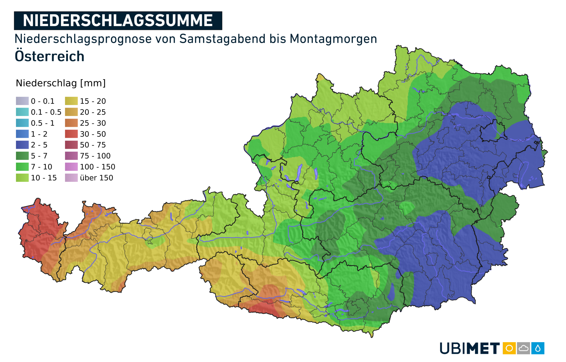 Die Niederschlagsprognose von Samstagabend bis Montagmorgen.