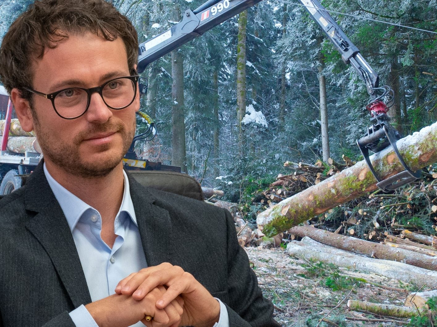 Daniel Zadra (im Bild), Bernie Weber und Christoph Metzler von den Grünen: Geschlägertes Holz, Holzhandwerk und Holzbau in Vorarlberg verdienen und brauchen gerechte Rohstoffpreise.