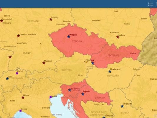 Österreich ist auf der US-Reisewarnungskarte nicht mehr rot (Screenshot)