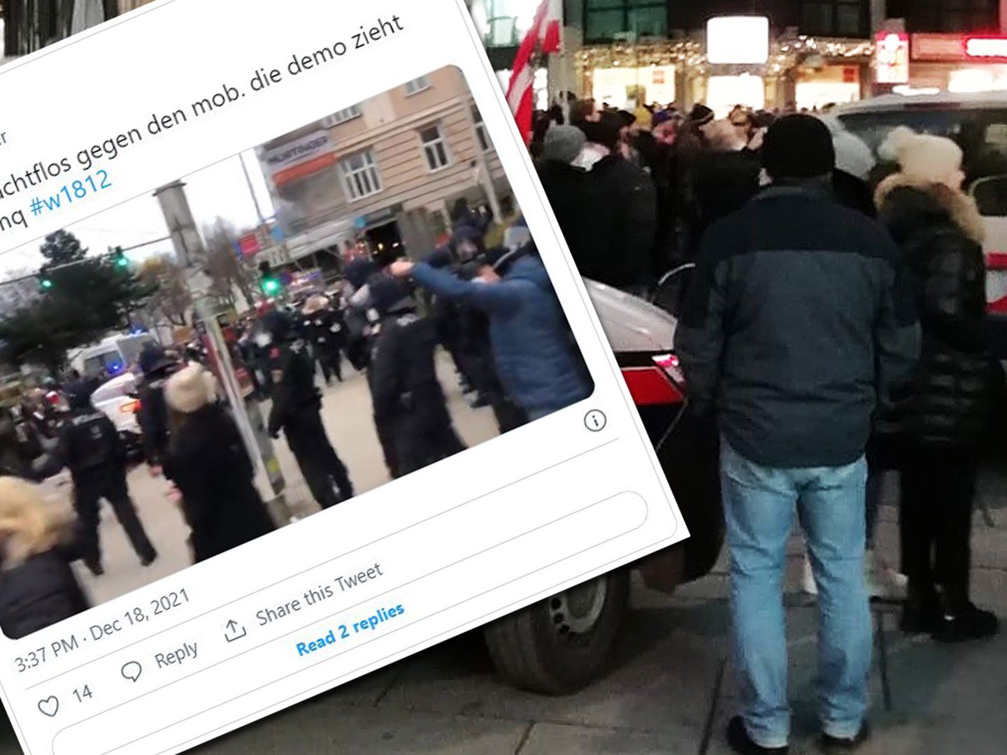 Während eine Kundgebung am Stephansplatz (rechts im Bild) ruhig verlief, verlor die Polizei die Kontrolle über die MFG-Demo am Schwarzenbergplatz in Wien (Screenshot Twitter).
