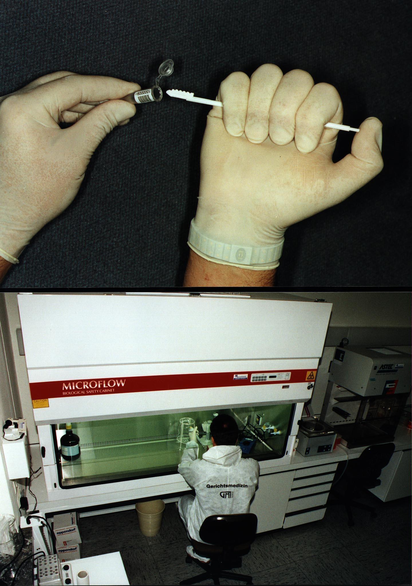 Ein Bild aus dem Jahr 1997: In Innsbruck geht das erste österreichweite DNA- Zentrallabor zur Verbrechensaufklärung in Betrieb. Das obere Bild zeigt die Abnahme eines Mundhöhlenabstriches mittels "Abriebstäbchen" . Im unteren Bild sitzt ein Gerichtsmediziner an einer steriler Sicherheitsbank des Zentrallabors der Innsbrucker Gerichtsmedizin.