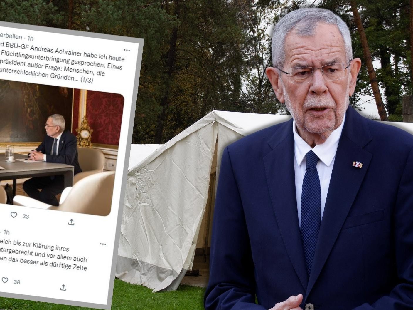 Bundespräsident Alexander Van der Bellen übt Kritik an Zelte-Unterbringung.