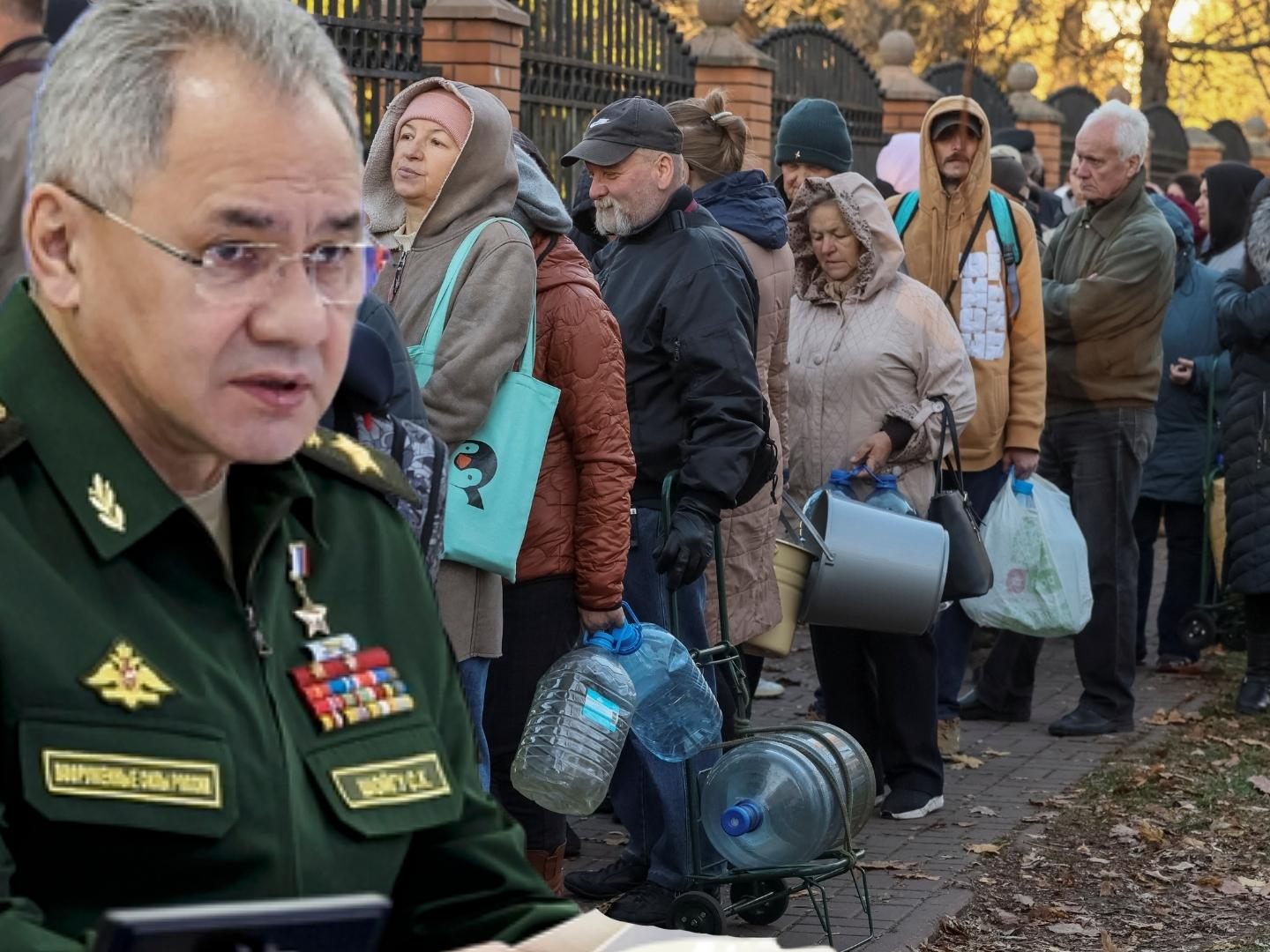 Große Teile Kiews waren durch den russischen Raketenbeschuss (im Bild: Russlands Verteidigungsminister Schoigu) vorübergehend ohne Wasserversorgung - Die Menschen mussten für Wasser aus öffentlichen Brunnen anstehen.