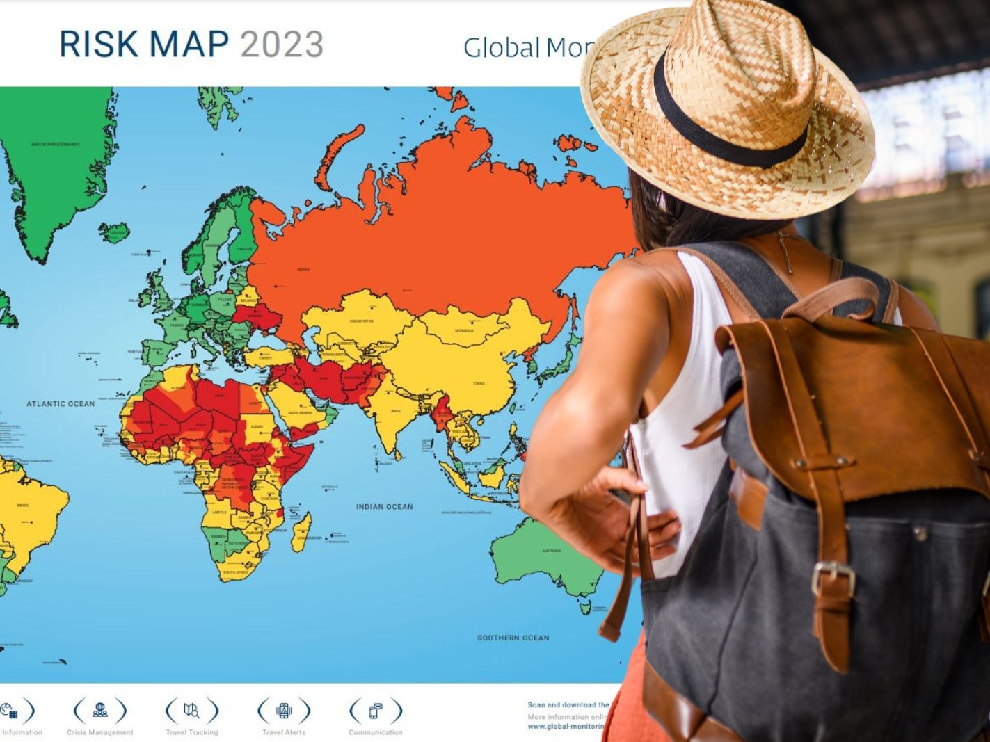 Eine Karte zeigt die Länder mit dem größten Risiko für Reisende im Jahr 2023.