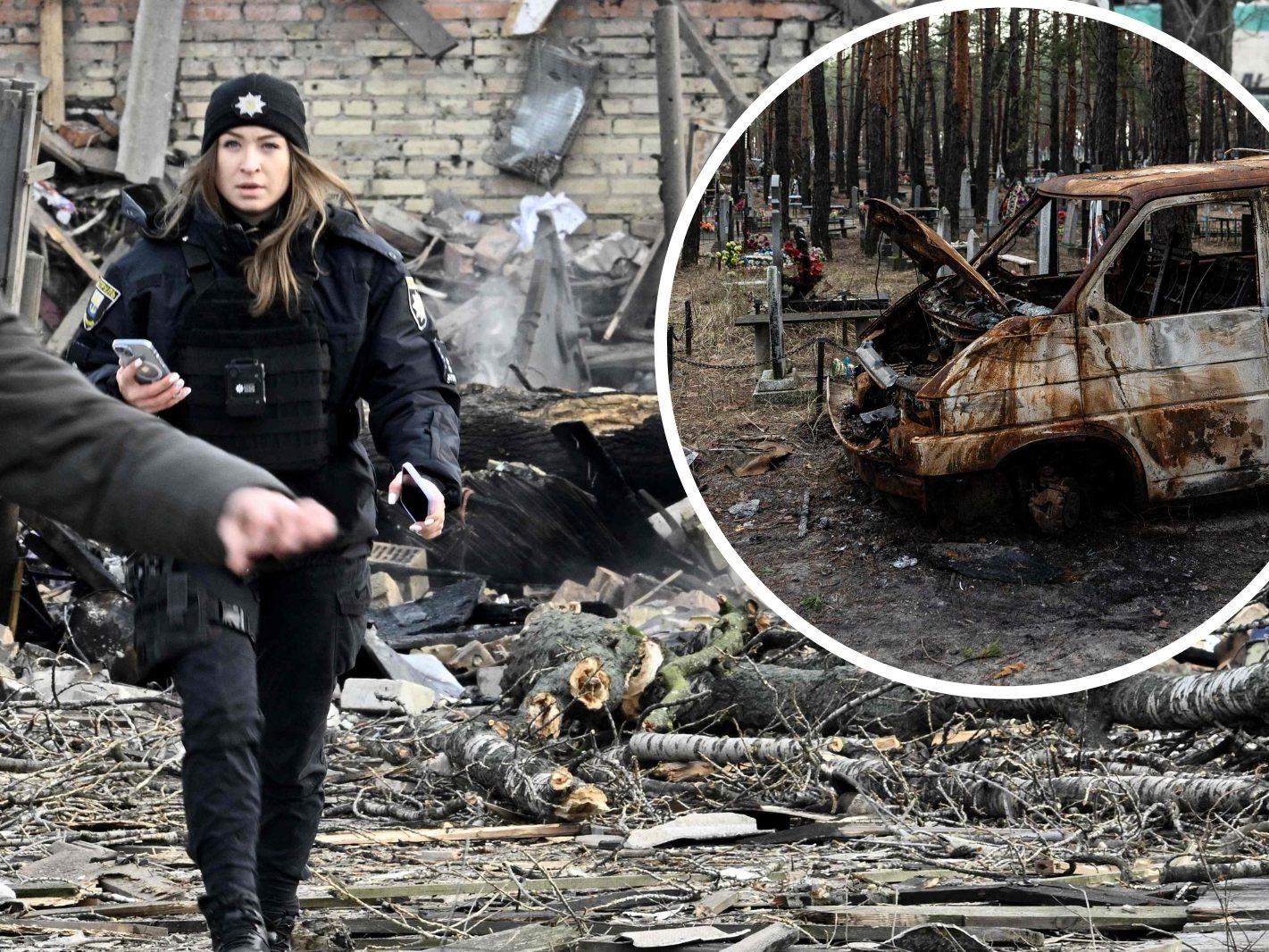 In der Umgebung von Charkiw wurden Folterlager entdeckt, nahe der Stadt Isjum unter anderem ein Massengrab (kleines Bild).