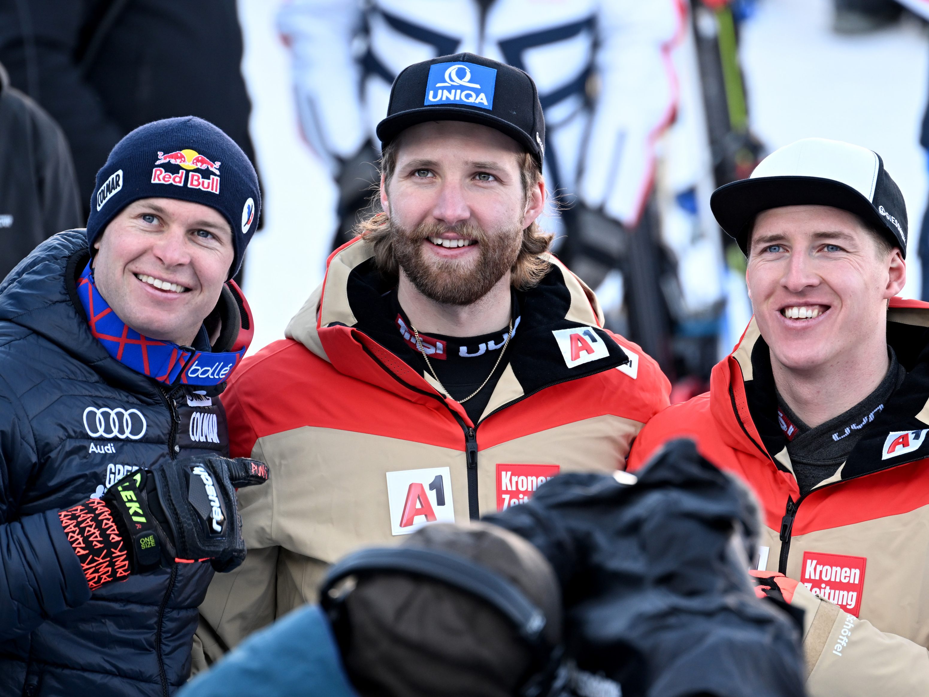 Alexis Pinturault (l./FRA), Marco Schwarz (AUT) und Raphael Haaser (AUT).