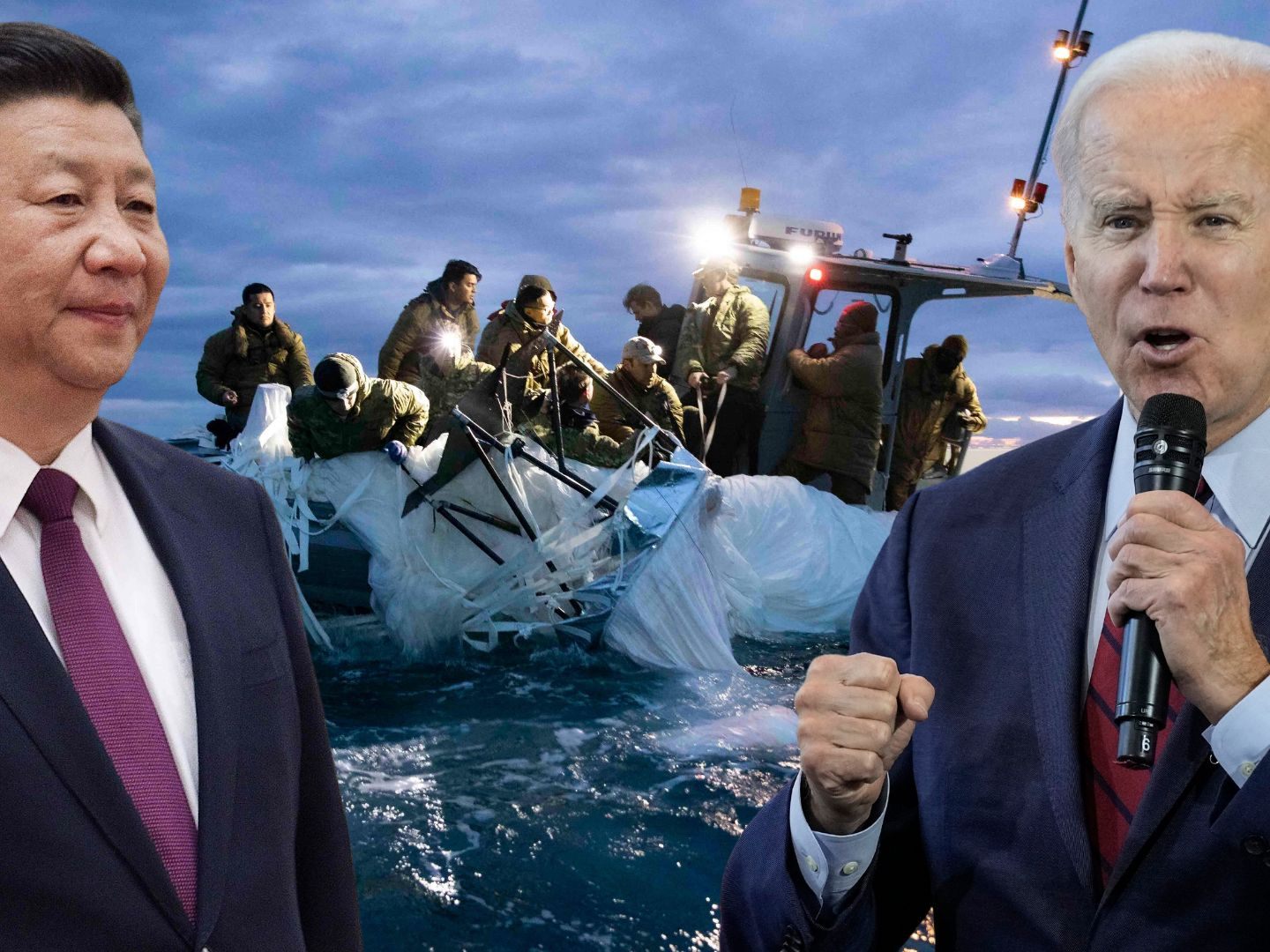Xi Jinping (l.), der aus dem Meer geborgene Ballon, Joe Biden (r.).
