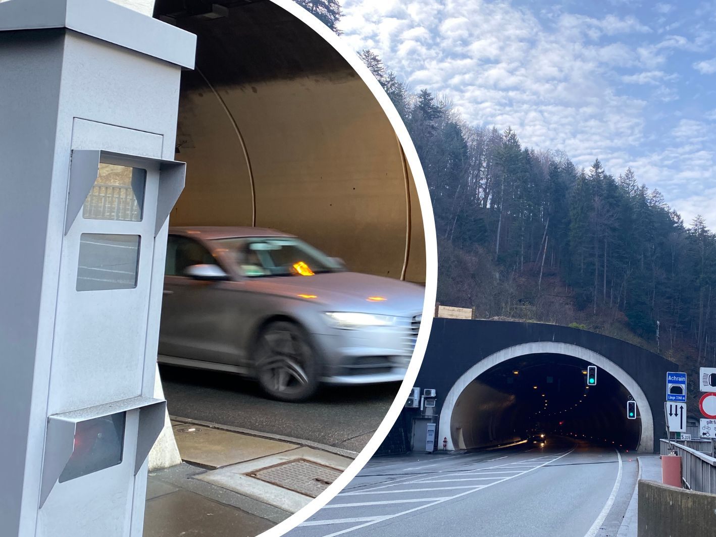 Beidseitiger Blitzer und Temporeduktion beim Achraintunnel-Portal.