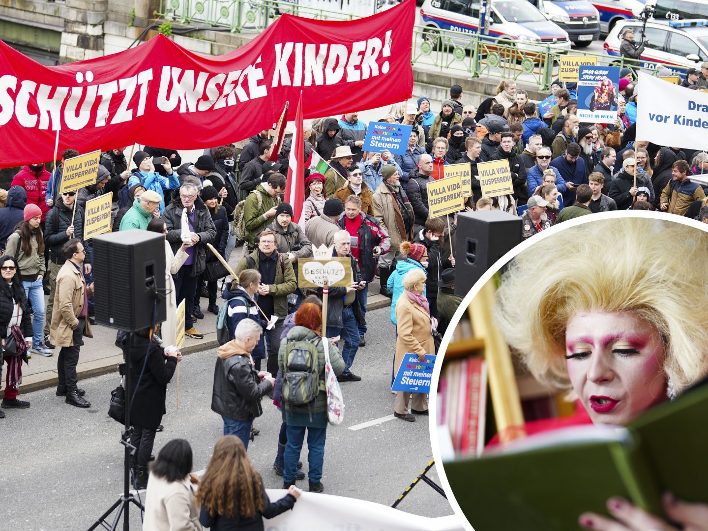 Rund 100 Demonstranten protestierten vor der Türkis Rosa Lila Villa in Wien gegen die Drag-Queen-Lesung.