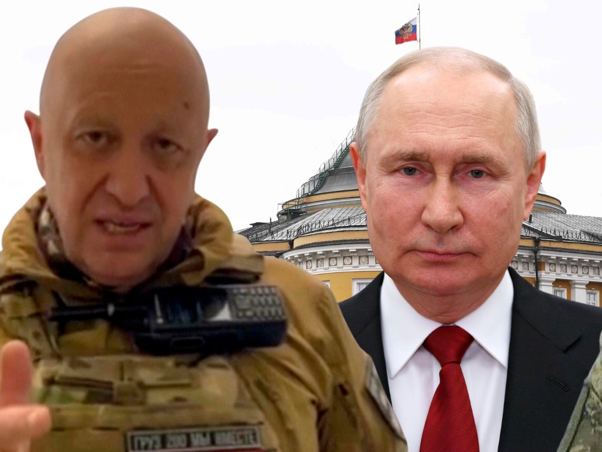 In Russland spielt sich ein MAchtkampf zwischen Prigoschin (l.), Putin (m.) und Schoigu (r.) ab.