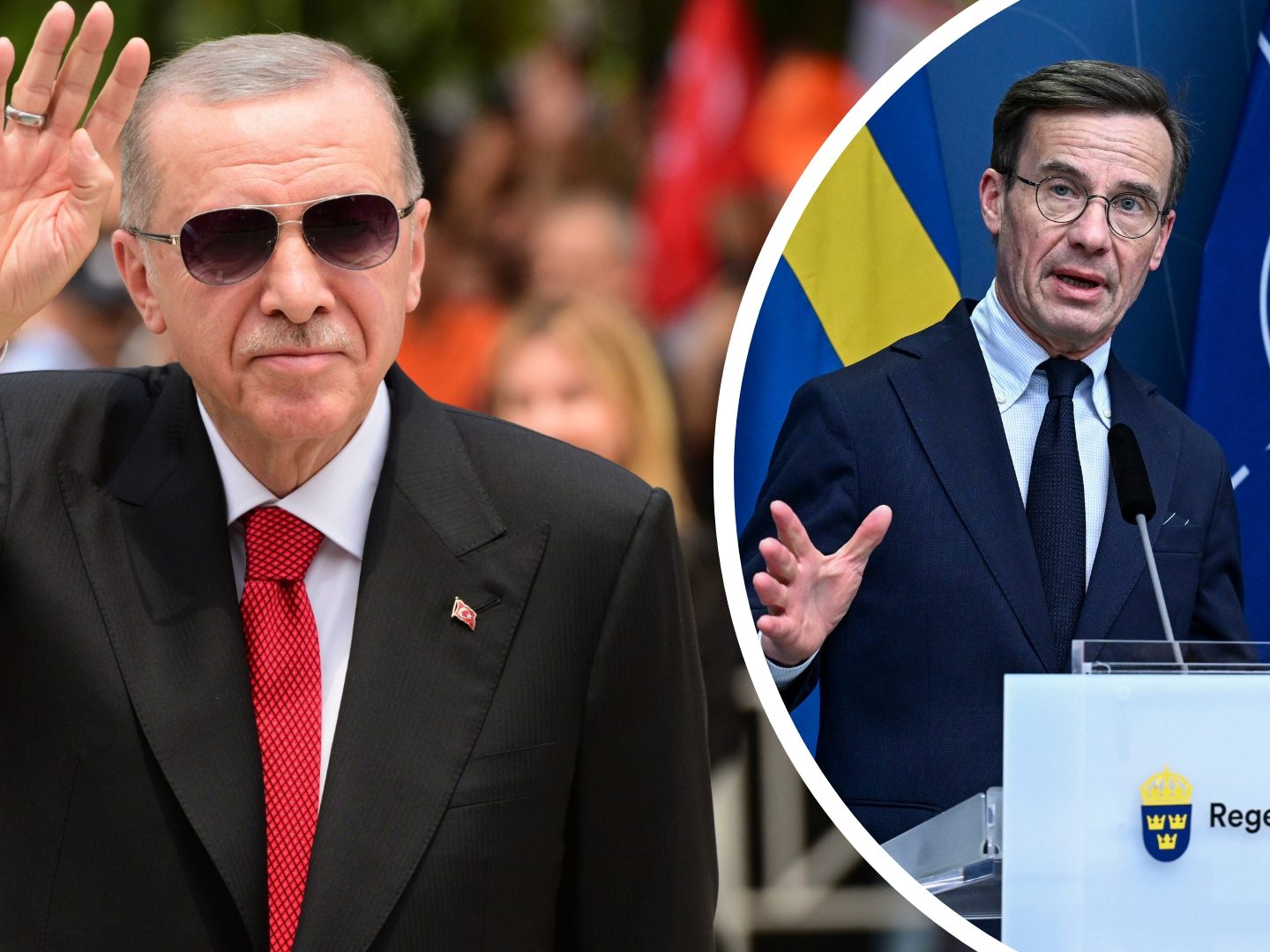 Erdogan (l.) wird den schwedischen Regierungschef Kristersson (r.) beim NATO-Gipfel in Litauen treffen.