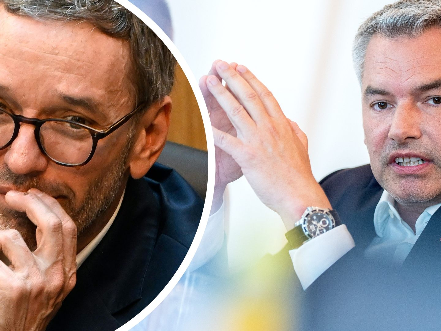 FPÖ-Chef Kickl (r.) sei ein "Sicherheitsrisiko" so Kanzler Nehammer (l.), und hat ein Lob für die Zusammenarbeit mit Grünen.