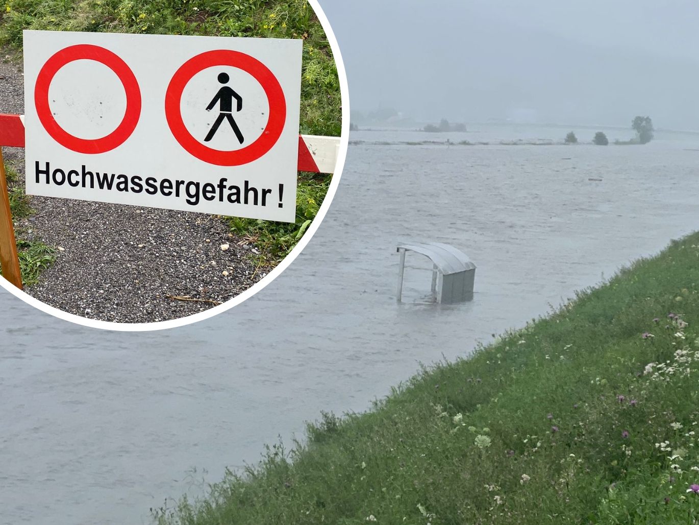 Die Hochwasser-Situation am Rhein am Montag gegen 13.30 Uhr in Lustenau.