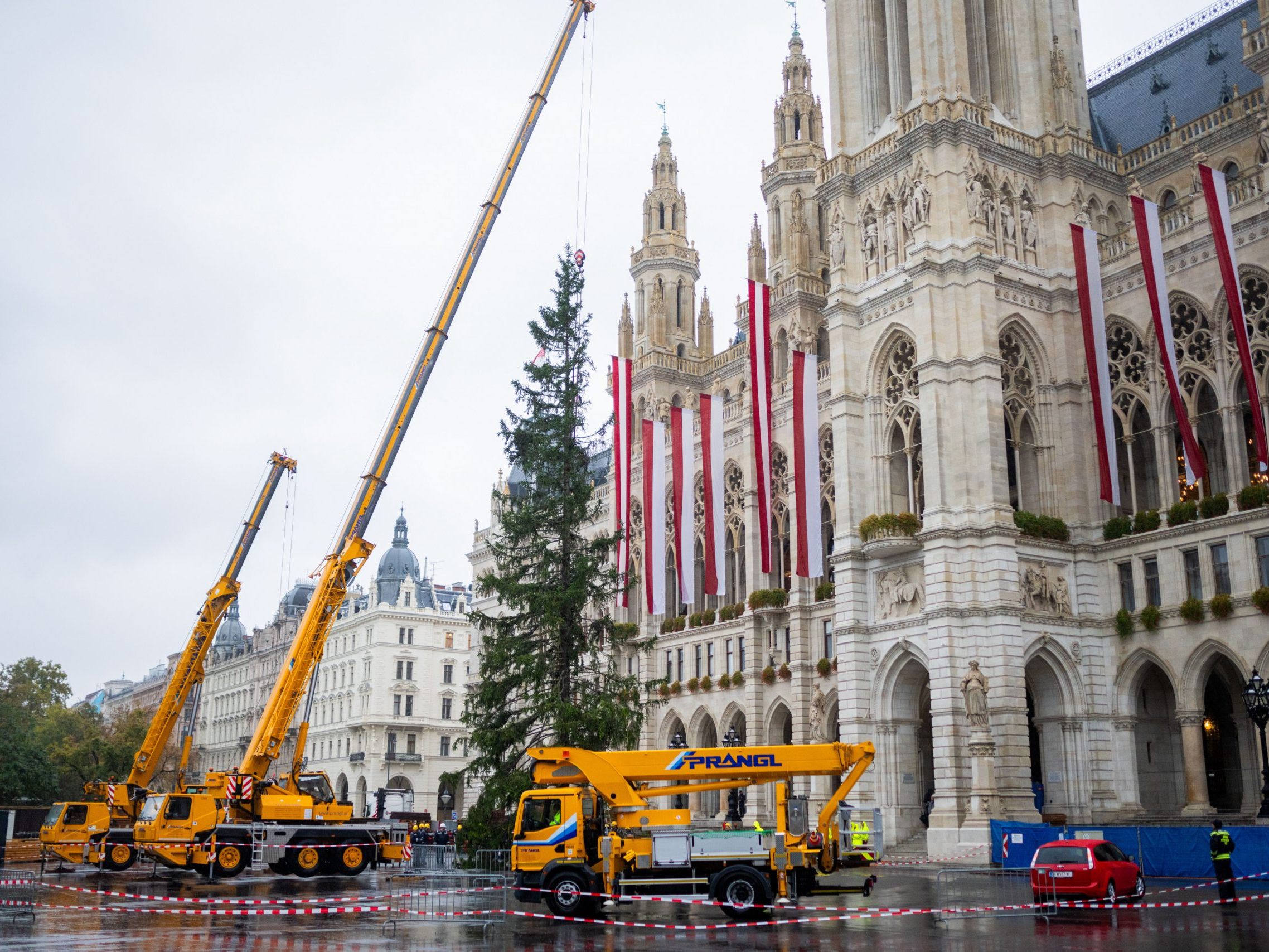 Der Christkindlmarkt am Wiener Rathausplatz geht am 10. November 2023 los. Im Bild: Die Weihnachtsbaum-Aufstellung.