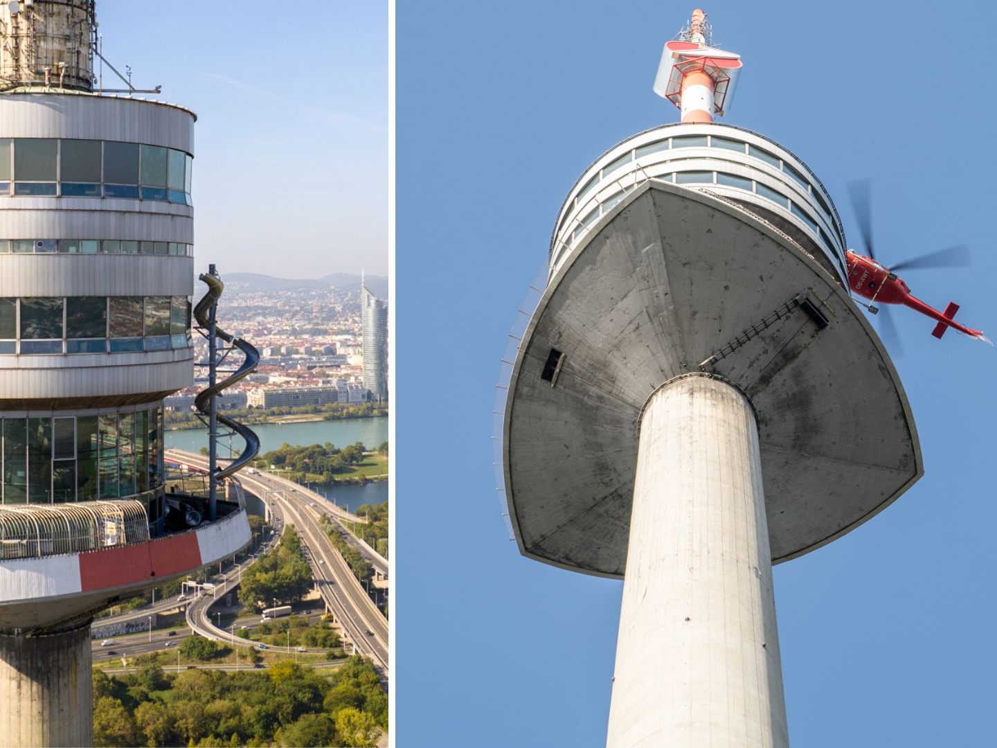 Die Installation der neuen Rutsche am Wiener Donauturm wurde mittels Helikopter vorgenommen.