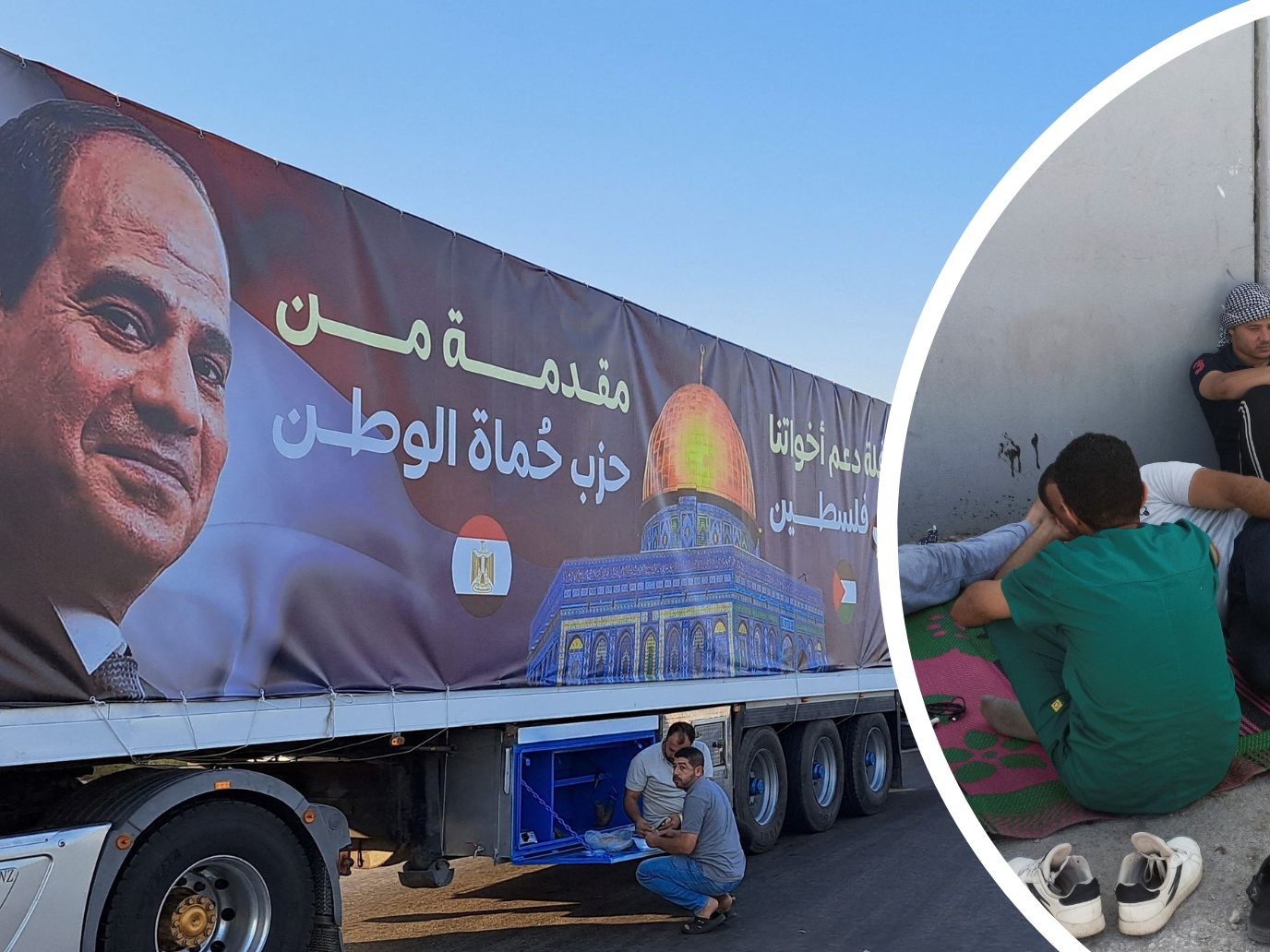 LKW aus Ägypten auf dem Weg zum Gazastreifen. (Auf dem Lastwagen abgebildet: Ägyptens Präsident Abdel Fattah al-Sisi)