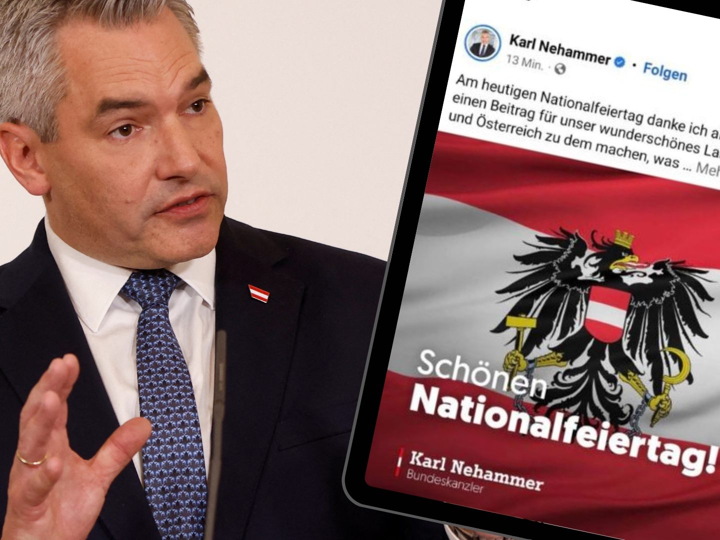 Kanzler Nehammer blamierte sich am Nationalfeiertag auf Social Media.