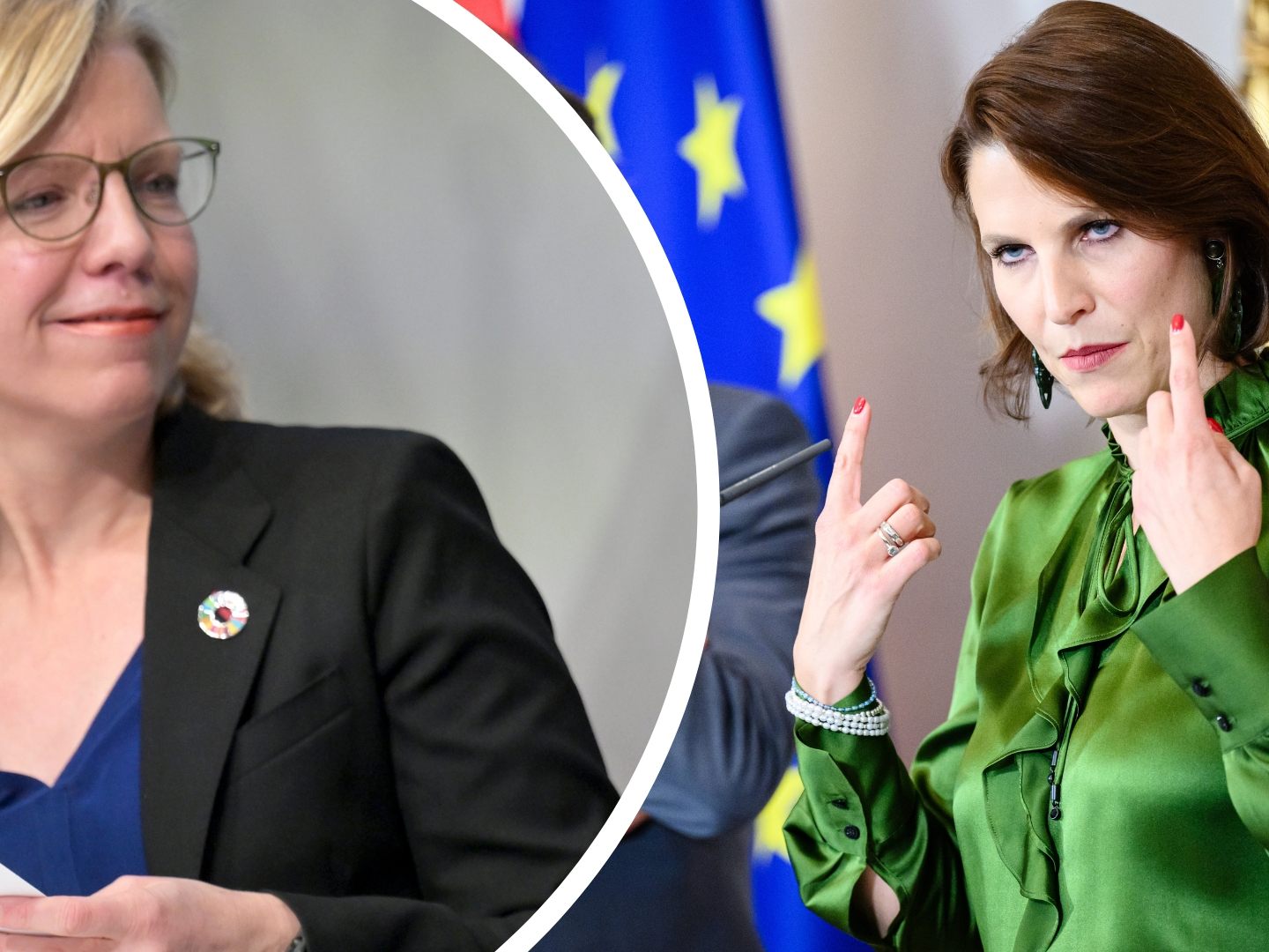 Die Ministerinnen Edtstadler (r.) und Gewessler (l.) lifern sich einen koalitionären Zank um den Energie- und Klimaplan.