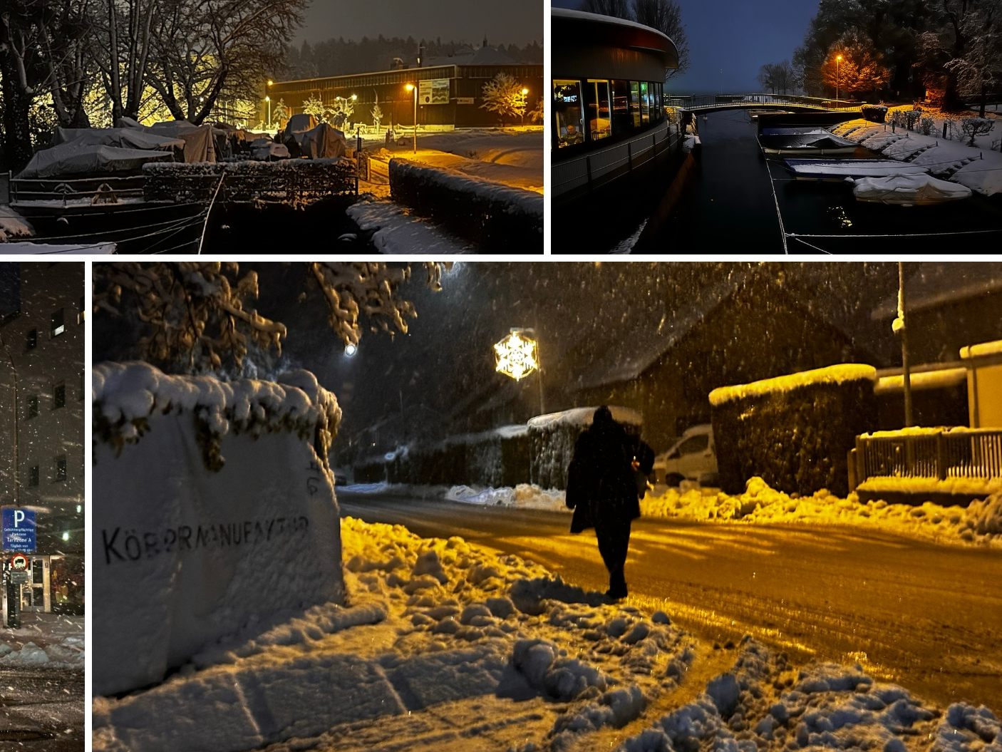 Aus dem Schnee- und Verkehrschaos untertags werden am Abend teils winterlich, romantische Szenen.