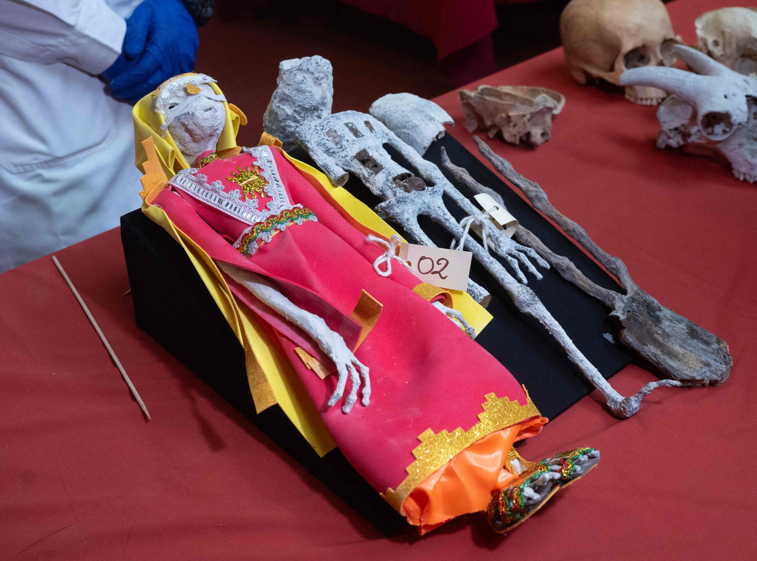 Der peruanische Archäologe Flavio Estrada, Mitglied des Instituts für Rechtsmedizin und forensische Wissenschaften, zeigt während einer Pressekonferenz, bei der forensische Experten die Existenz angeblicher außerirdischer Mumien oder Überreste von im Süden gefundenen Mumien ausschließen, vermutlich Überreste eines außerirdischen Außerirdischen des Landes, während eines Berichts, der der Presse am 12. Januar 2024 in Lima vorgelegt wurde.