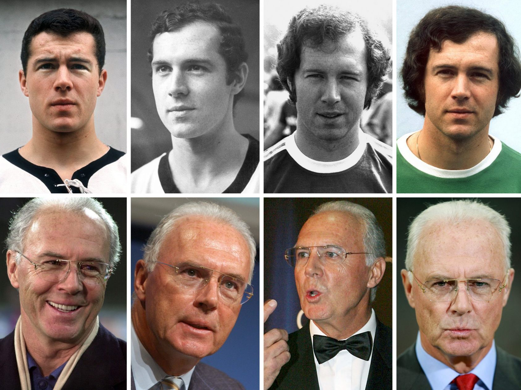 Franz Beckenbauer als Spieler (1,. Reihe l-r), Lizenzspieler beim FC Bayern München in der Saison 1968/69 (Aufnahme von 1969), im Nationaltrikot (undatiert), als Fußball-Nationalspieler (1970), als Spieler beim FC Bayern München (1974), als Fußball-Nationalspieler (1974) und als DFB-Teamchef (1990). (2. Reihe l-r) Franz Beckenbauer als Präsident des FC Bayern (1996 und 2000), als Präsident des Organisationskomitees der Fußball-WM (2006), bei der Bambi-Verleihung in Stuttgart (2006), als Bayern-Präsident (2008) und 2011 in Zürich.