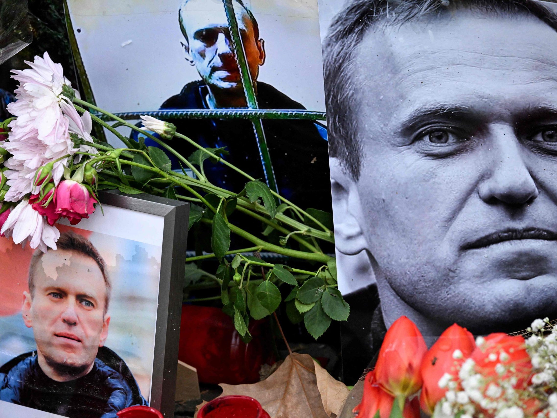 Blumen sind um Porträts des verstorbenen russischen Oppositionsführers Alexei Nawalny, der in einem russischen Gefängnis in der Arktis gestorben ist, an einem improvisierten Denkmal vor dem ehemaligen russischen Konsulat in Frankfurt am Main, Westdeutschland, am 23. Februar 2024 platziert worden.