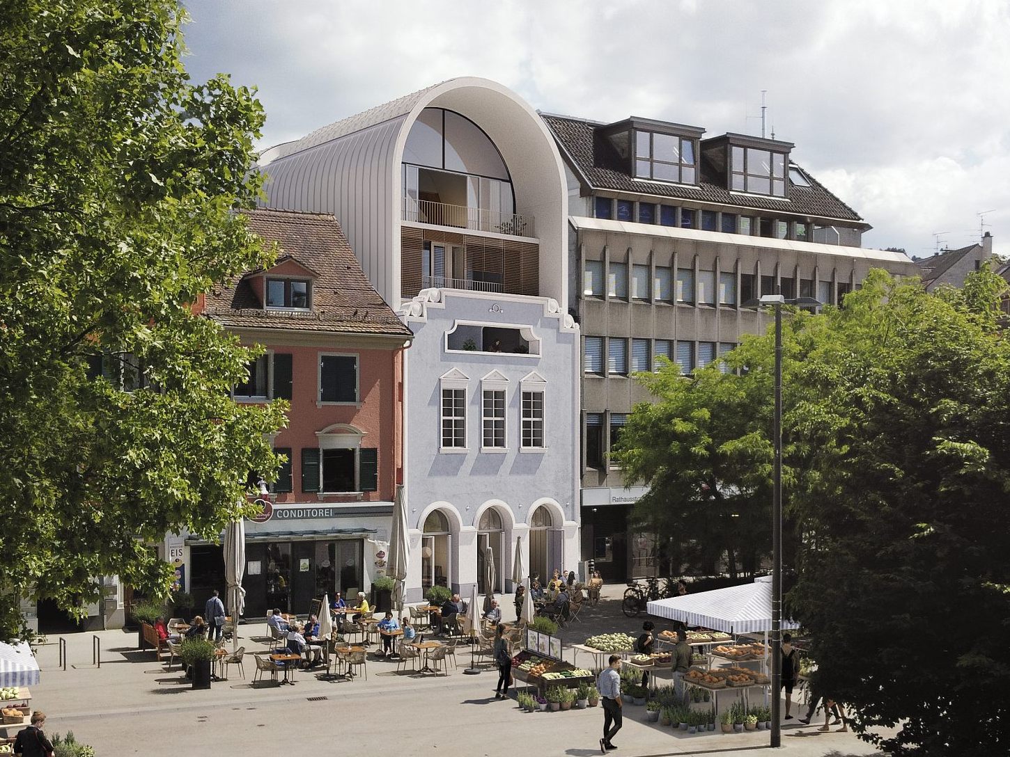 Visualisierung des Stadthotels „kleiner Löwe“ am Kornmarktplatz in Bregenz.