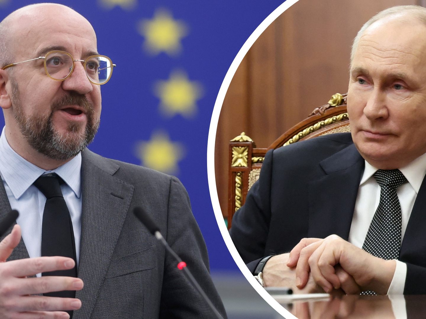 Die von der EU-Ratspräsidentschaft (Ratspräsident Charles Michel, l.) vorgestellten Strafmaßnahmen gegen Russland ( Russlands präsident Wladimir Putin, r.) werden bis zum Jahrestag des Kriegsbeginns verhängt.