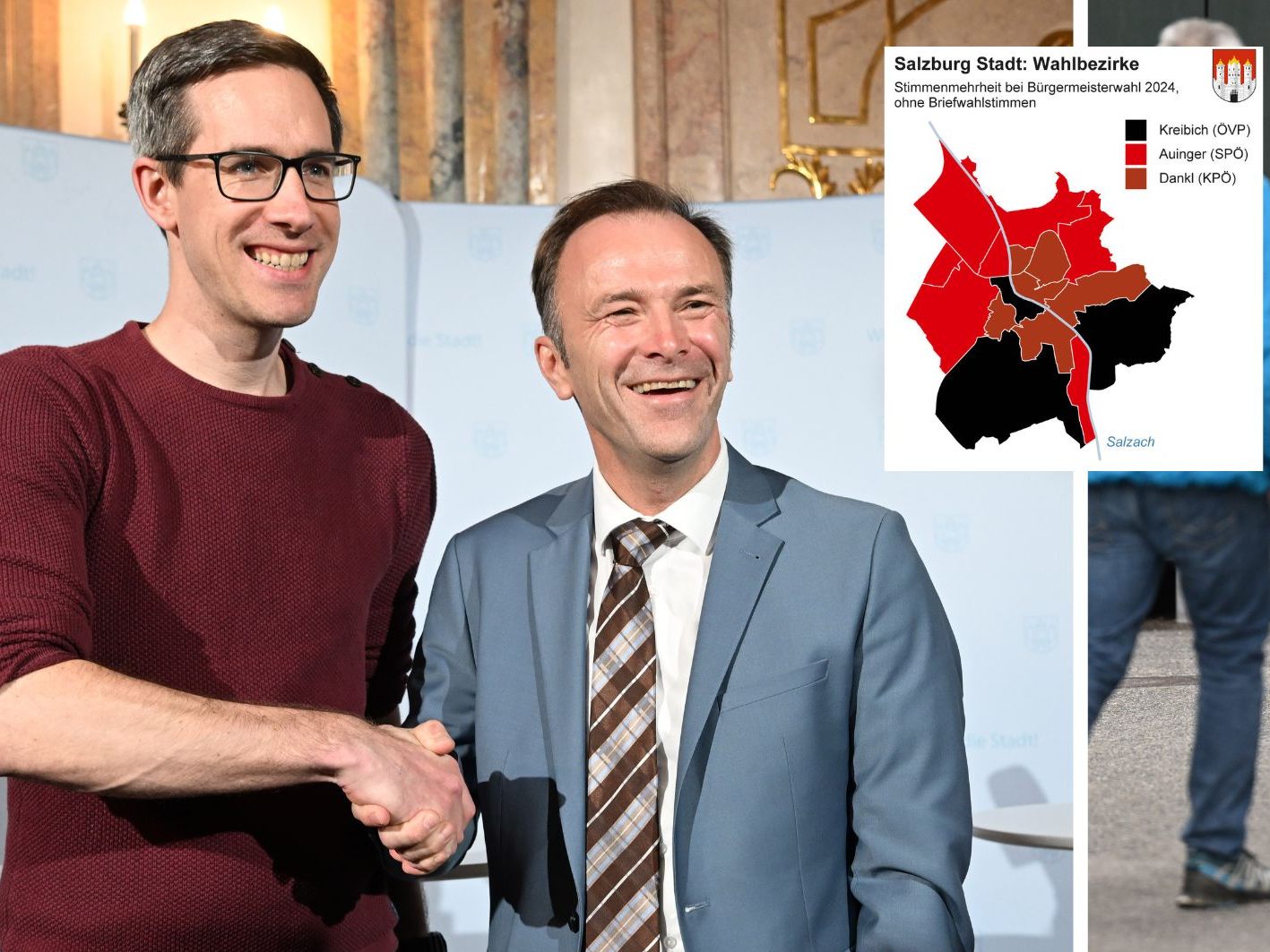 Kay-Michael Dankl (KPÖ plus) und Bernhard Auinger (SPÖ) treten in zwei Wochen zur Stichwahl um den Salzburger Bürgermeistersessel an.