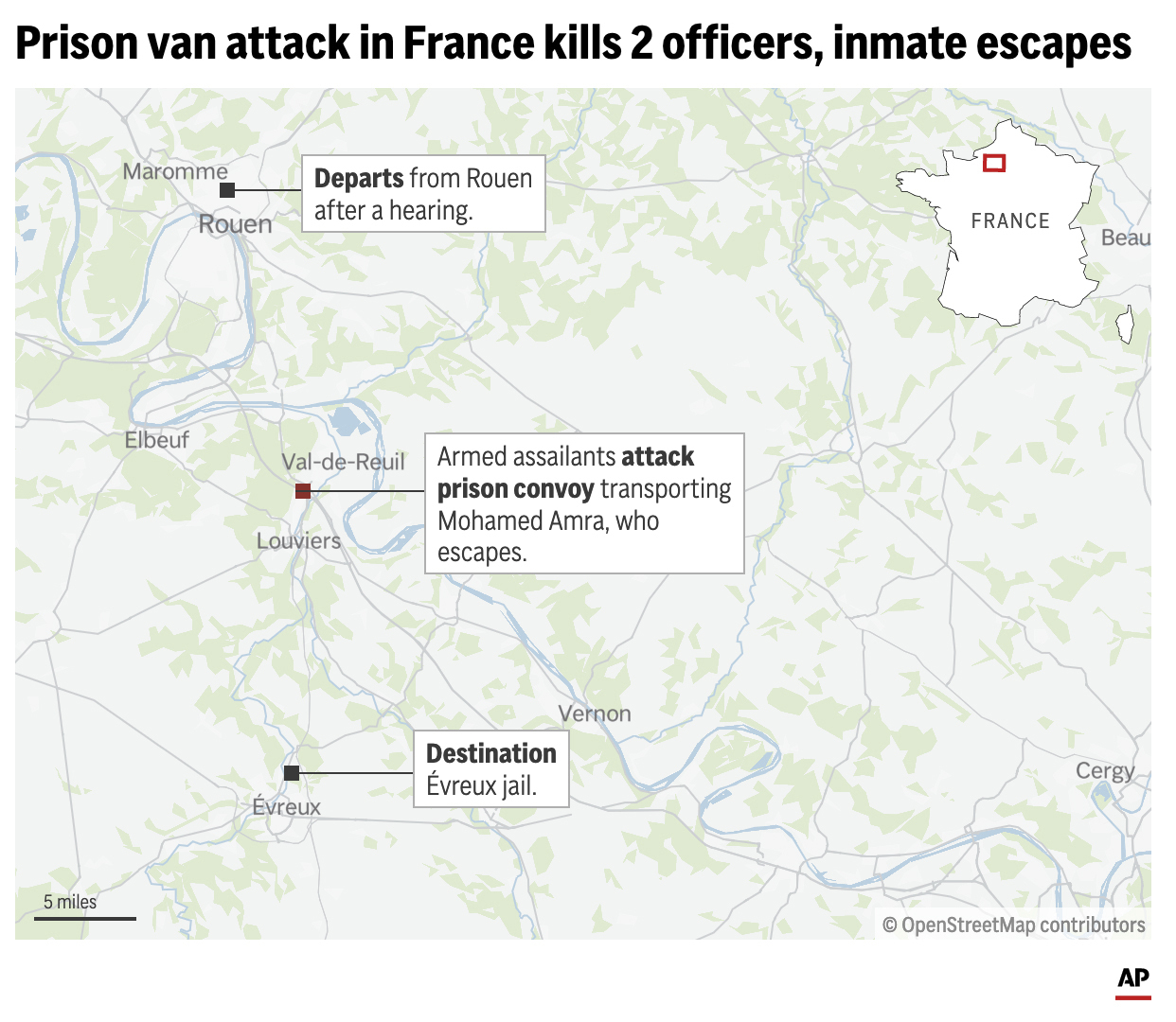 Karte zeigt Schlüsselpunkte eines Überfalls auf einen Gefangenentransport in Frankreich, bei dem zwei Beamte getötet und ein Häftling entkommen ist. 