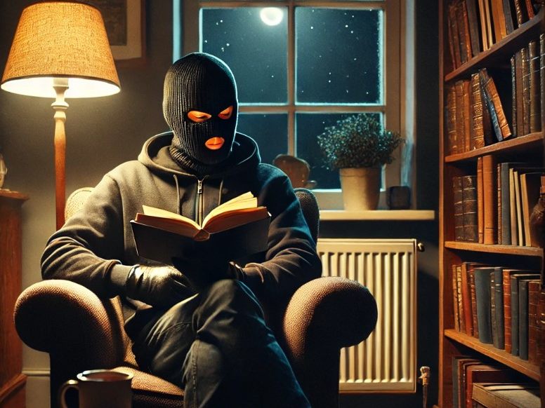 Der 38 Jahre alte Italiener hatte nach dem illegalen Eindringen in eine Wohnung ein Buch entdeckt, in dem er sich so lange festlas, bis die Polizei kam. (Bild mit KI erstellt)