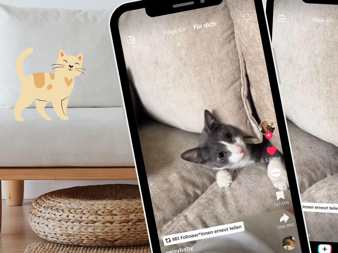 In einem TikTok-Video mit 13,4 Millionen Aufrufen quetscht sich eine Katze durch einen Couchspalt und verschwindet.