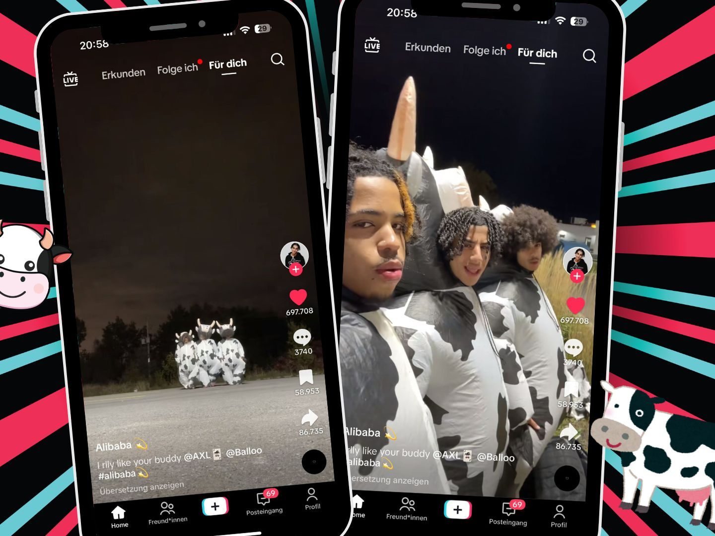Drei Männer tanzen in aufblasbaren Kuhkostümen und erreichen 5,5 Millionen Aufrufe auf TikTok.