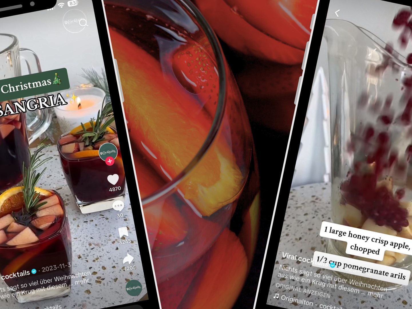 Ein TikTok-Video zeigt, wie mit Rotwein, Brandy, winterlichen Früchten und Gewürzen ein festlicher Weihnachtssangria zubereitet wird.