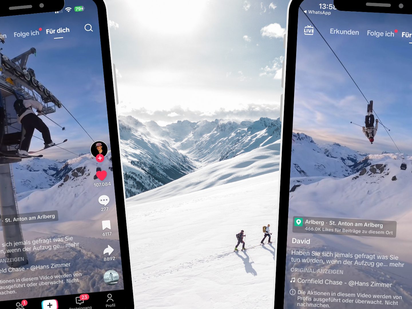 Ein TikTok-Video zeigt einen jungen Mann, der aus einem Skilift springt, ein Seil nutzt und einen Salto in der Luft vollführt.