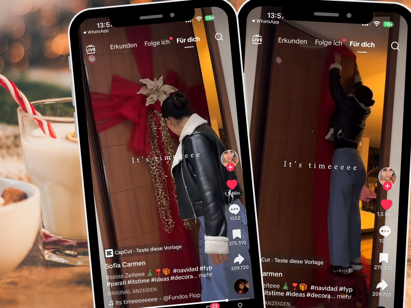 Ein TikTok-Video zeigt, wie eine Frau und ihr Freund ihre Eingangstür mit rotem Stoff, Schleifen und goldenen Details in ein übergroßes Weihnachtsgeschenk verwandeln.