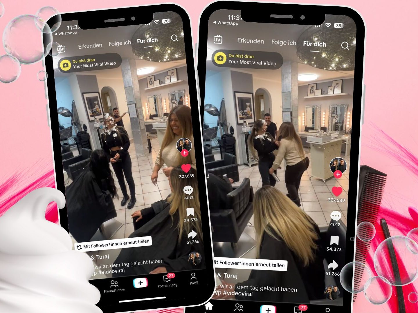 Ein TikTok-Video des Accounts tthairlounge zeigt eine humorvolle Szene im Friseursalon, bei der eine Kundin durch eine unerwartete Aktion des Friseurs überrascht wird.